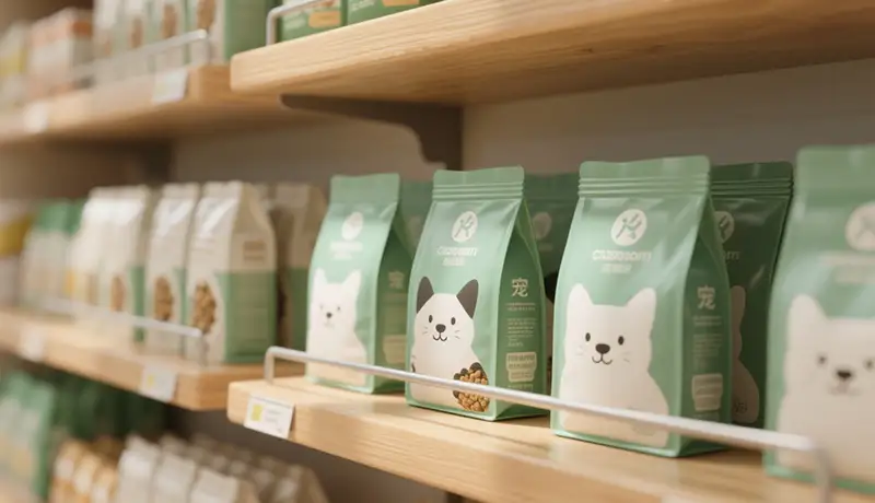 由宠物品牌设计公司打造的系列宠物食品包装设计，在实体店铺货架上的统一陈列效果，体现杭州宠物包装设计服务助力品牌高效落地与市场竞争力提升