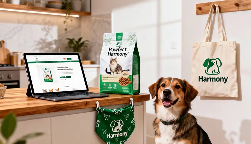 Pawfect Harmony品牌在包装、电商页面及周边产品上的统一视觉体验，展示了宠物品牌设计公司打造跨渠道一体化品牌落地的能力