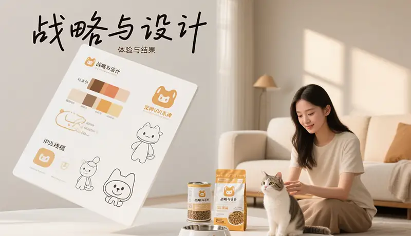 宠物品牌VI与包装设计方案到人宠居家生活场景的概念转化图，展示杭州宠物品牌设计公司如何将设计成果融入消费者真实生活。