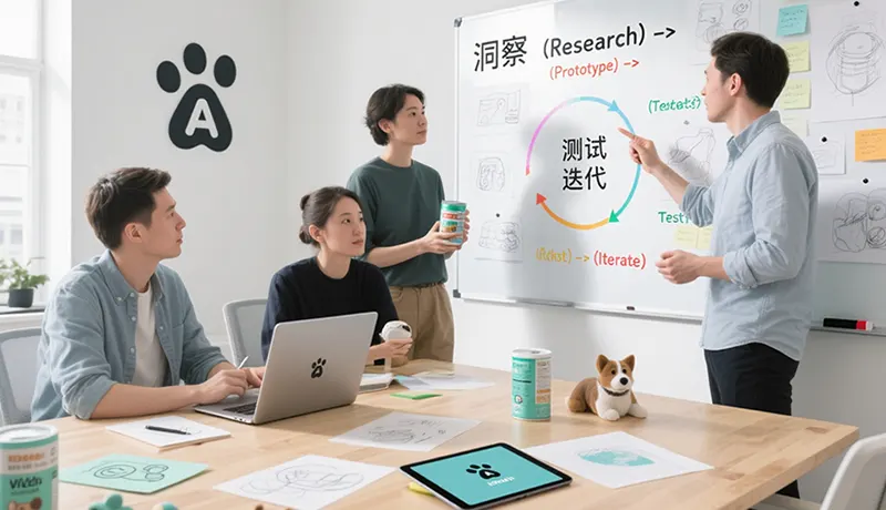 杭州宠物品牌设计公司敏捷工作模式：团队在白板前进行设计冲刺与迭代