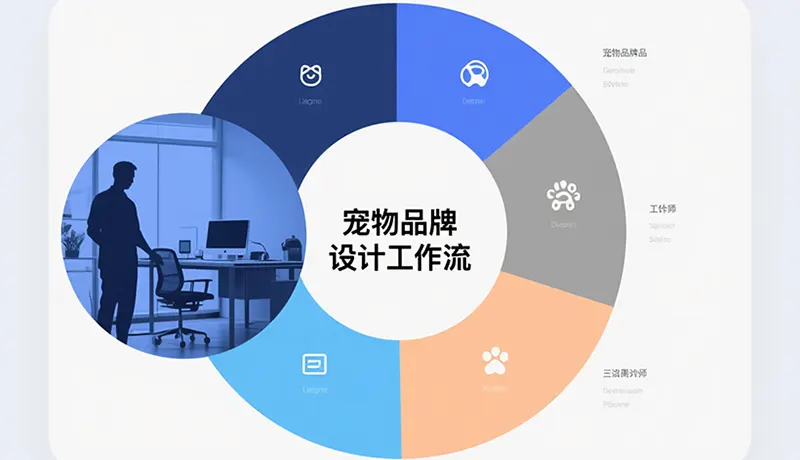 宠物品牌设计公司专属工作流程图解,展示从战略诊断、VI设计、包装设计到落地执行的完整闭环,体现宠物品牌全案设计的系统性
