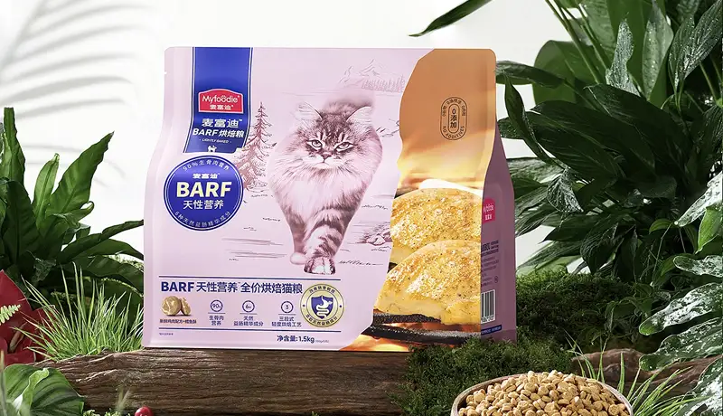 宠物品牌设计公司为高端天然宠物食品设计的包装示例，展示猫粮袋上的猫科动物主视觉与天然元素