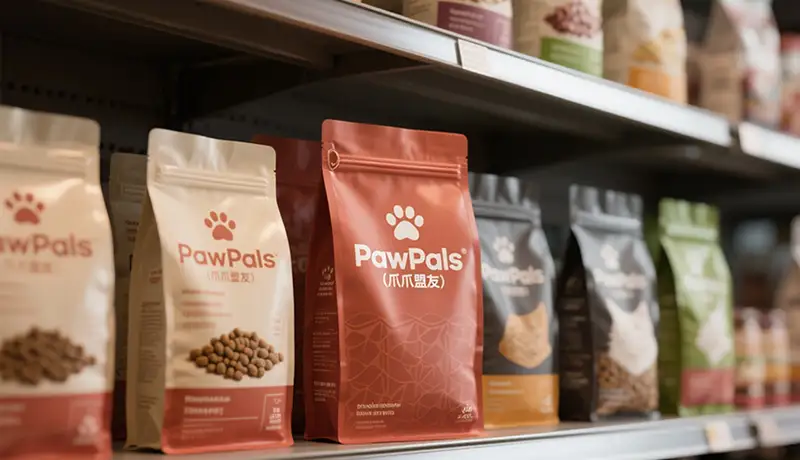 PawPals天然宠粮系列包装设计在零售货架上的落地效果，展现宠物品牌设计公司将VI策略转化为实体包装的能力
