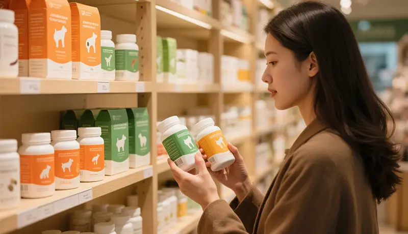 顾客在宠物店内对比挑选不同品类的宠物保健品，凸显包装设计的品类差异化策略。杭州宠物包装设计需考虑线下货架竞争力。