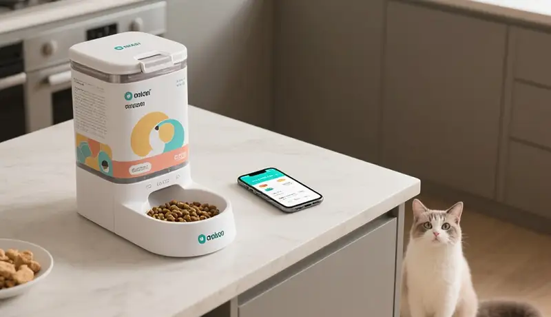 宠物食品包装设计与智能硬件联动的家居美学呈现，展示一体化宠物生活解决方案
