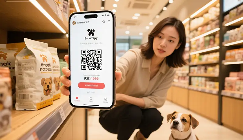 苏州宠物主在高端宠物店扫码连接线上品牌社群，展现跨触点消费旅程闭环