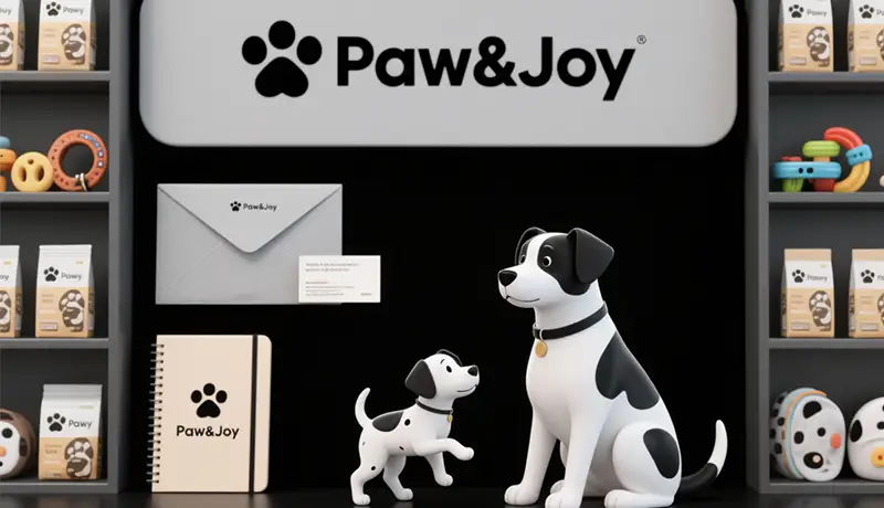 Paw&Joy宠物品牌全案VI设计系统展示，涵盖Logo、商务用品及周边产品，呈现专业宠物品牌全案设计如何构建一致的品牌形象与体验