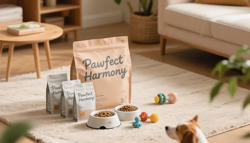 Pawfect Harmony宠物食品包装设计开箱场景，展示针对Z世代消费者的叙事化宠物包装设计，突出简约美学与情感化细节
