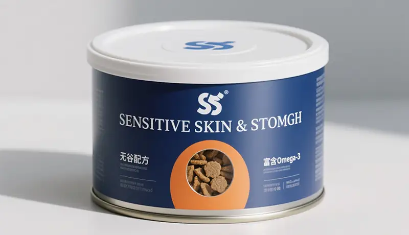 Pawfect Harmony高端宠物食品包装设计特写，展示采用克莱因蓝与阳光橙撞色设计的包装罐，是杭州宠物食品包装设计理念的范例