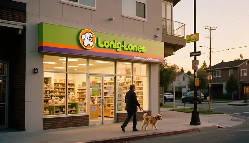 连锁宠物店品牌设计系统展示：位于社区街角的连锁宠物店，统一鲜明的门头设计与温暖的室内灯光，与傍晚散步的居民和宠物构成和谐画面，体现标准化与社区融合。