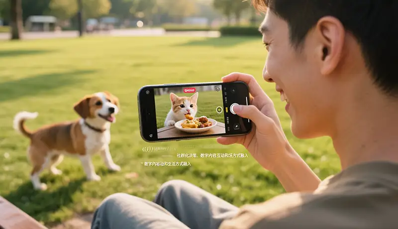 宠物品牌社群营销：年轻宠物主在公园里边遛狗边用手机观看宠物品牌短视频，屏幕上显示可爱的宠物内容和产品信息