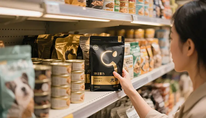 宠物食品包装设计对比：超市货架上，一款设计出众的宠物食品包装在众多商品中脱颖而出，吸引消费者目光