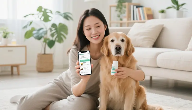 专注的宠物主在家中和金毛犬一起，通过手机研究宠物保健品成分，体现现代消费者对科学证据的重视。专业的宠物品牌设计公司需理解这一场景。