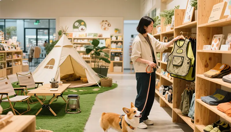 宠物品牌全案设计应用于零售：宠物生活馆内，采用场景化陈列，如露营主题区，顾客带着爱犬在帐篷旁挑选商品，创造沉浸式购物体验。
