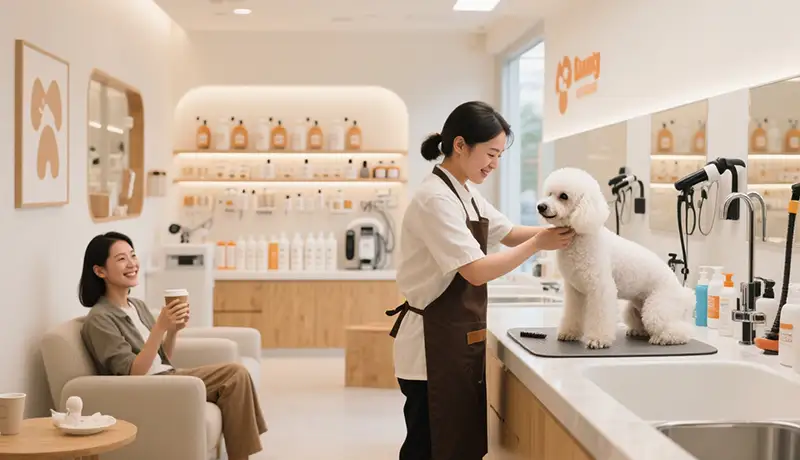 宠物店形象设计案例：高端宠物洗护店内，专业美容师在明亮的开放式工作台为贵宾犬进行护理，主人在舒适等候区观看，体现系统化设计的仪式感。