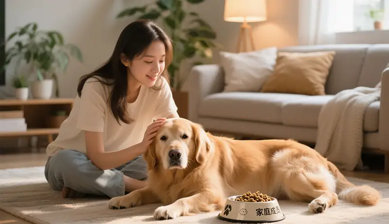 杭州宠物品牌设计公司分享：现代家庭将宠物视为家人，人宠在温馨客厅中亲密互动的情感化生活场景