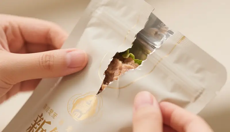 高端宠物食品包装设计展示：特写镜头下，一双人手正在开启一包设计奢华、材质独特的宠物湿粮，展现精致的封口工艺与内容物
