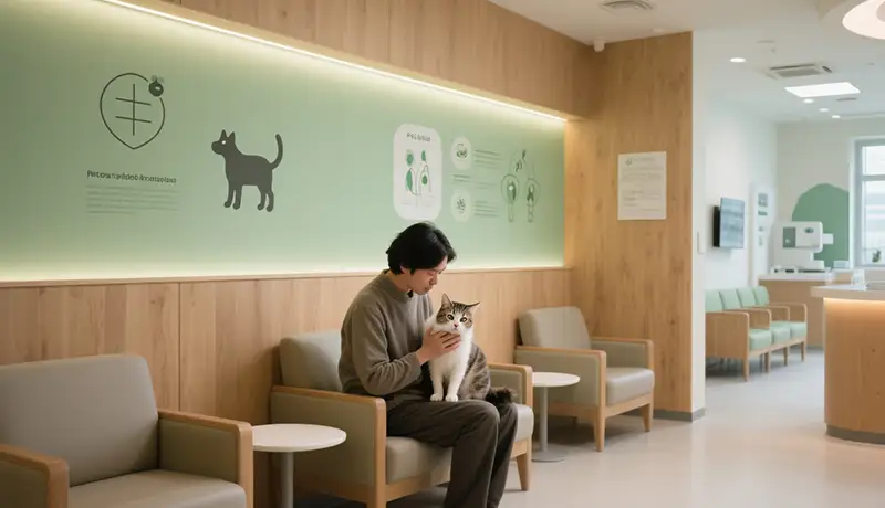 宠物医院品牌设计：现代宠物医院候诊区，主人安抚着怀中的猫咪，环境以柔和的木色与绿色为主，空间开阔安静，传达专业与安心的品牌信任。