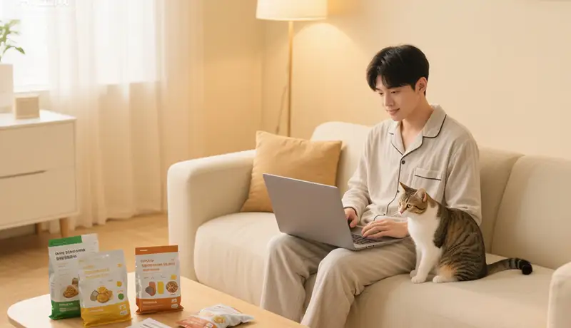 杭州年轻宠主在家研究宠物食品成分，展现科学喂养与情感陪伴场景 - 奥扬宠物品牌设计洞察