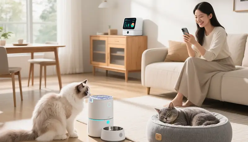 杭州宠物品牌设计公司诠释科技与情感一体化的智能宠物家居场景：智能饮水机、猫窝与投食器融入现代家庭生活